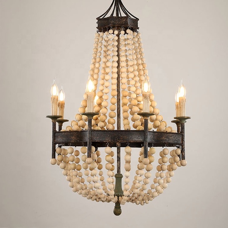 New american country style wood beads chandelier lighting wrought iron antique classic pendant lamp