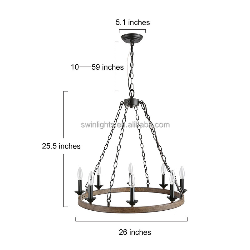 8-lights farmhouse  antique Wooden Wagon Wheel Chandelier rustic iron pendant light for dining room