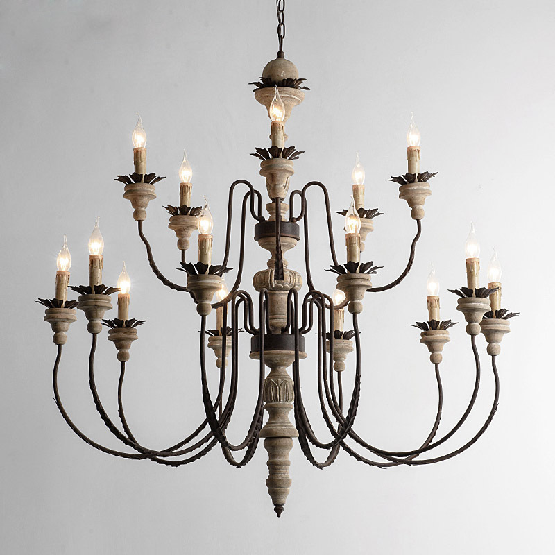 New design two-tiers big wooden chandelier 15-lights wrought iron lobby foyer villa chandelier lighting