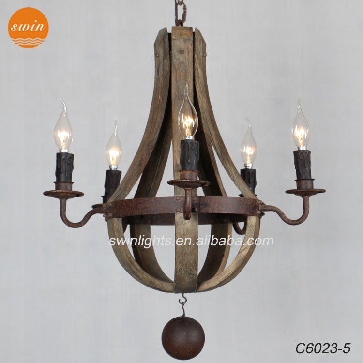 Vintage rustic small 5-light wine barrel wooden chandelier wood wrought iron pendant lamp