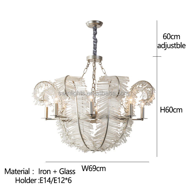 murano glass chandelier 6-lights glass rod ceiling light silver iron modern chandelier lighting