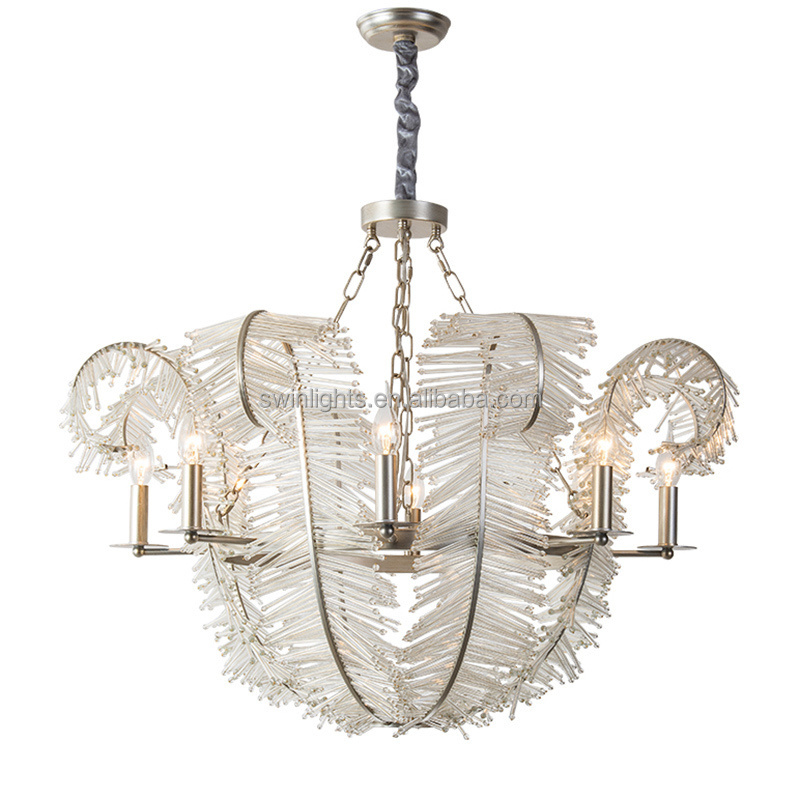 murano glass chandelier 6-lights glass rod ceiling light silver iron modern chandelier lighting