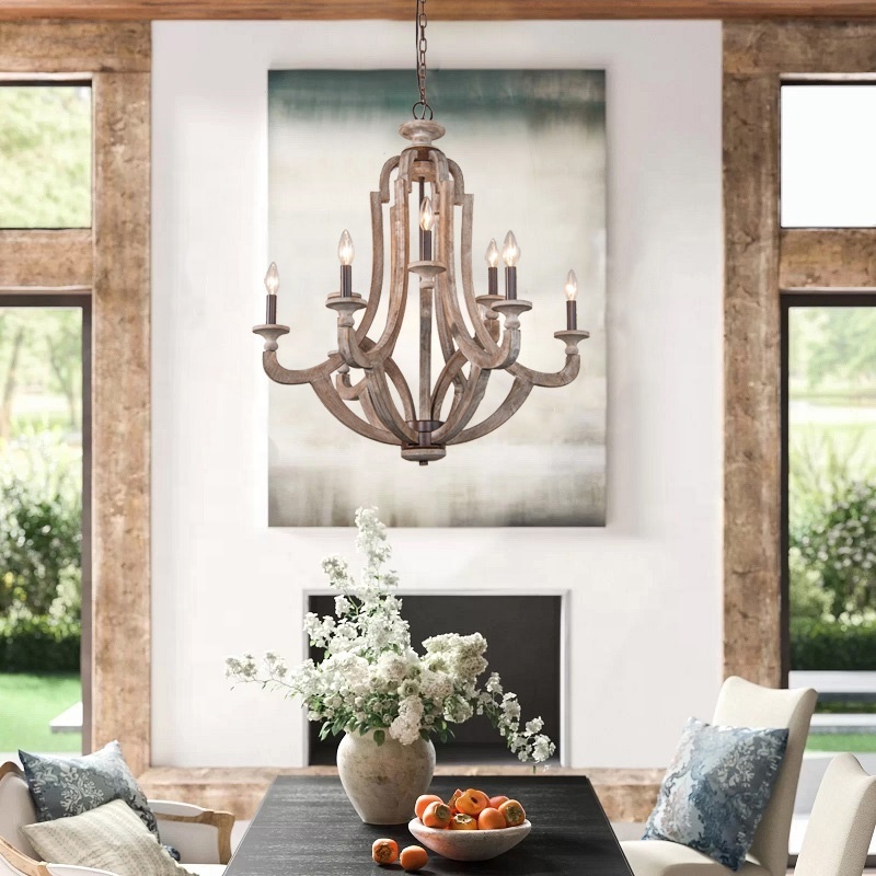 Farmhouse wood chandelier candle style lamp 9-lights rustic villa chandelier lighting