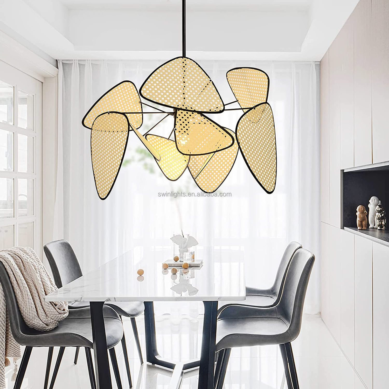 Fan shaped rattan chandelier bamboo woven petal lantern pendant light manual decorative Hanging Ceiling Light