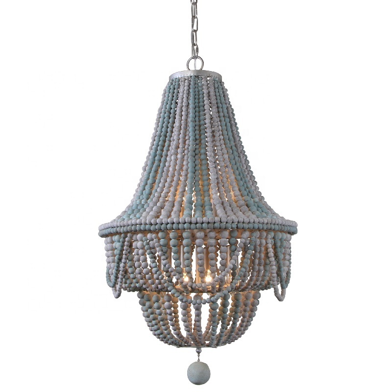 Blue and grey bead chandelier,farmhouse dining room light fixture hanging 8-light handmade wood beads chandelier