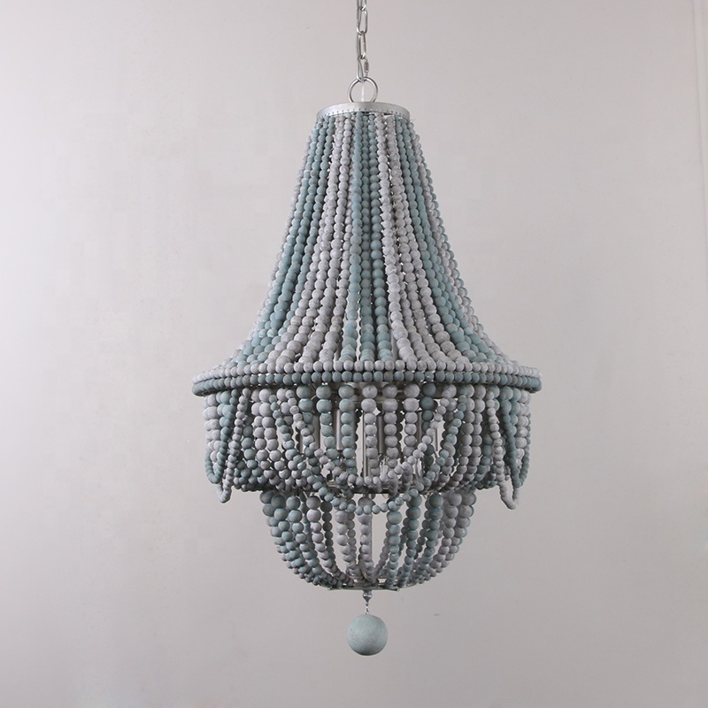 Blue and grey bead chandelier,farmhouse dining room light fixture hanging 8-light handmade wood beads chandelier