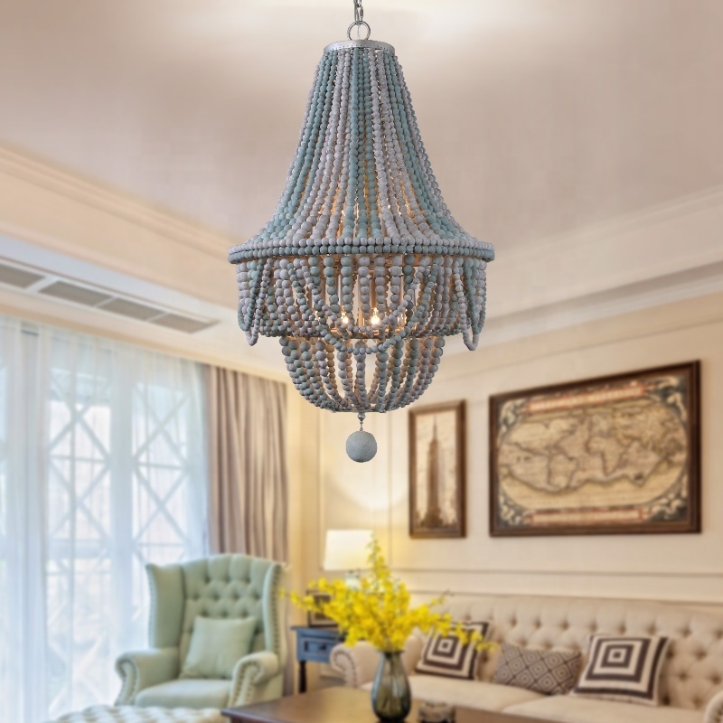 Blue and grey bead chandelier,farmhouse dining room light fixture hanging 8-light handmade wood beads chandelier