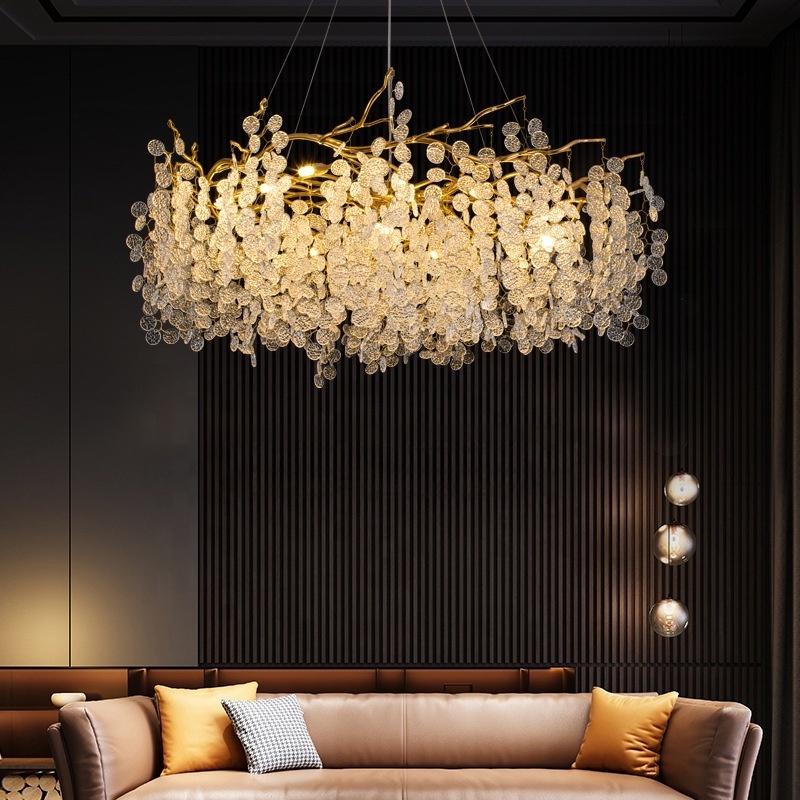 Luxury coin shape crystal chandelier for living room aluminium tree lamp ceiling light for dining room