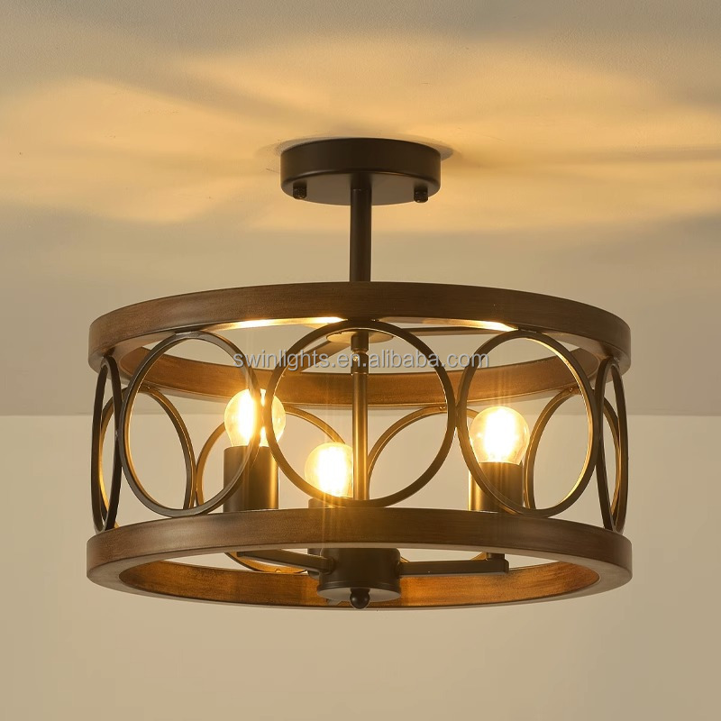 Retro lantern round ceiling light for dining room farmhouse semi flush mount decorative lighting for hallway