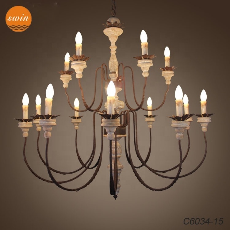 New design two-tiers big wooden chandelier 15-lights wrought iron lobby foyer villa chandelier lighting