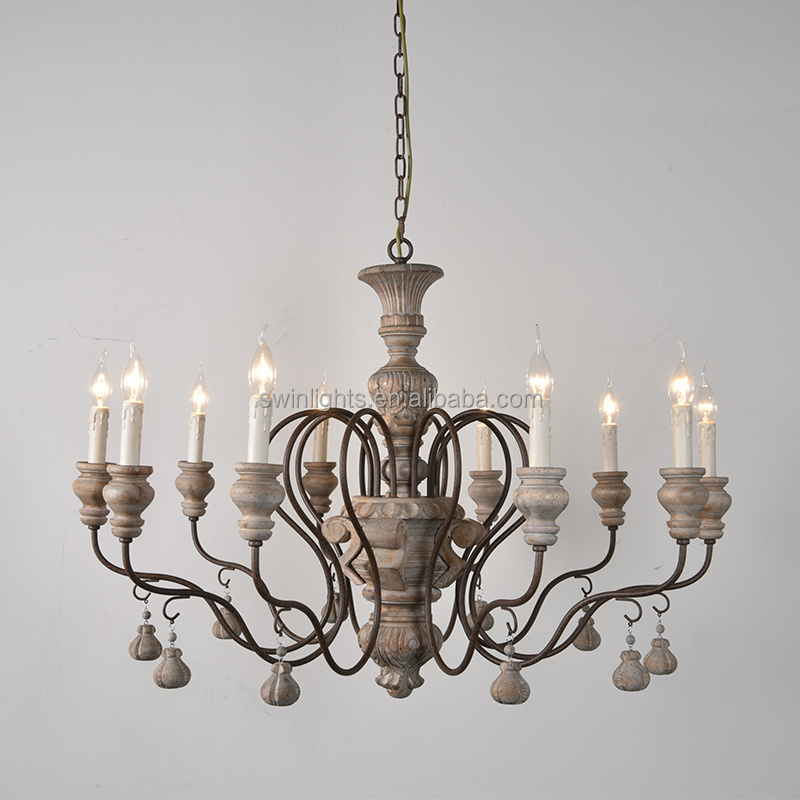 French style 10-lights wooden chandelier farmhouse vintage rustic iron ceiling light