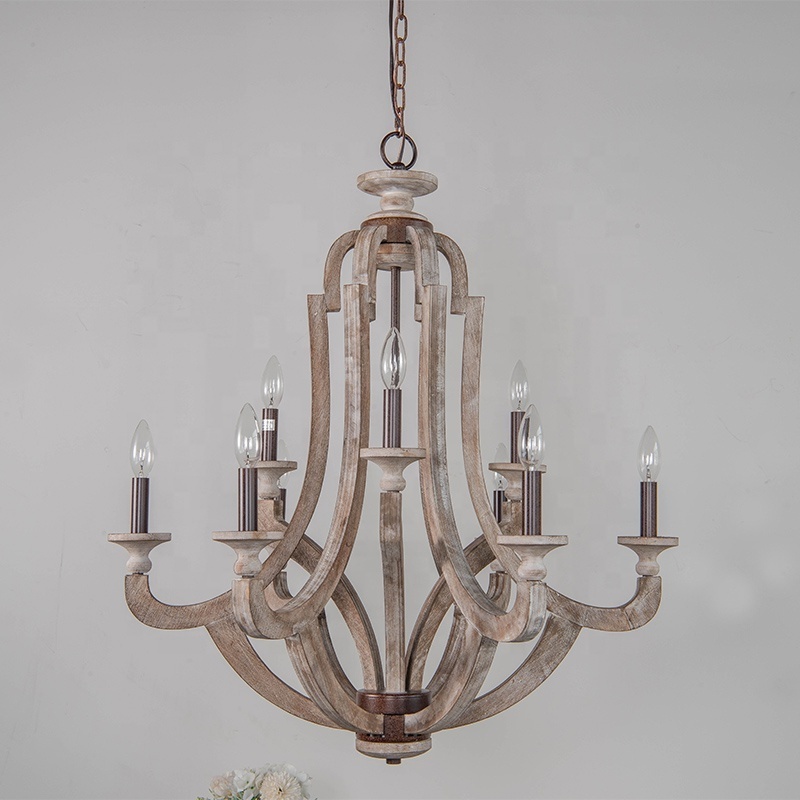 Farmhouse wood chandelier candle style lamp 9-lights rustic villa chandelier lighting