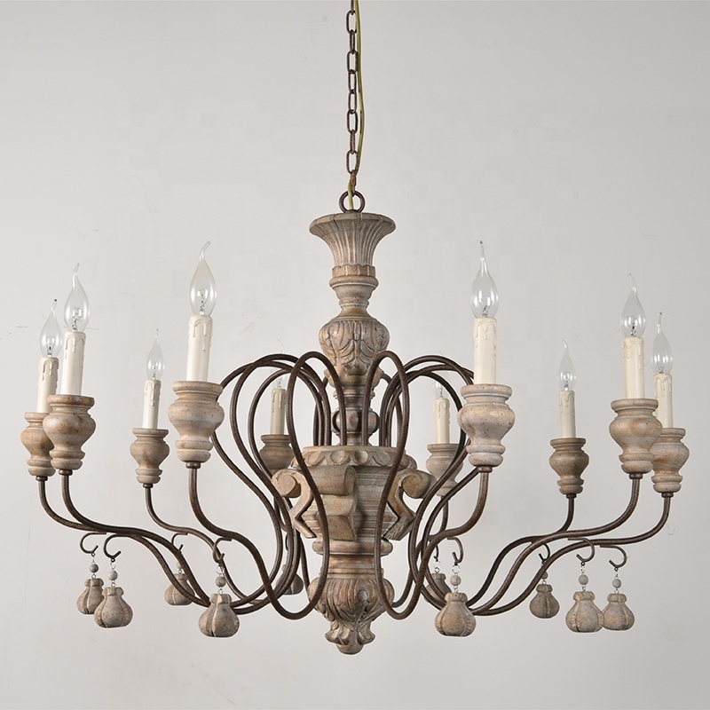 French style 10-lights wooden chandelier farmhouse vintage rustic iron ceiling light