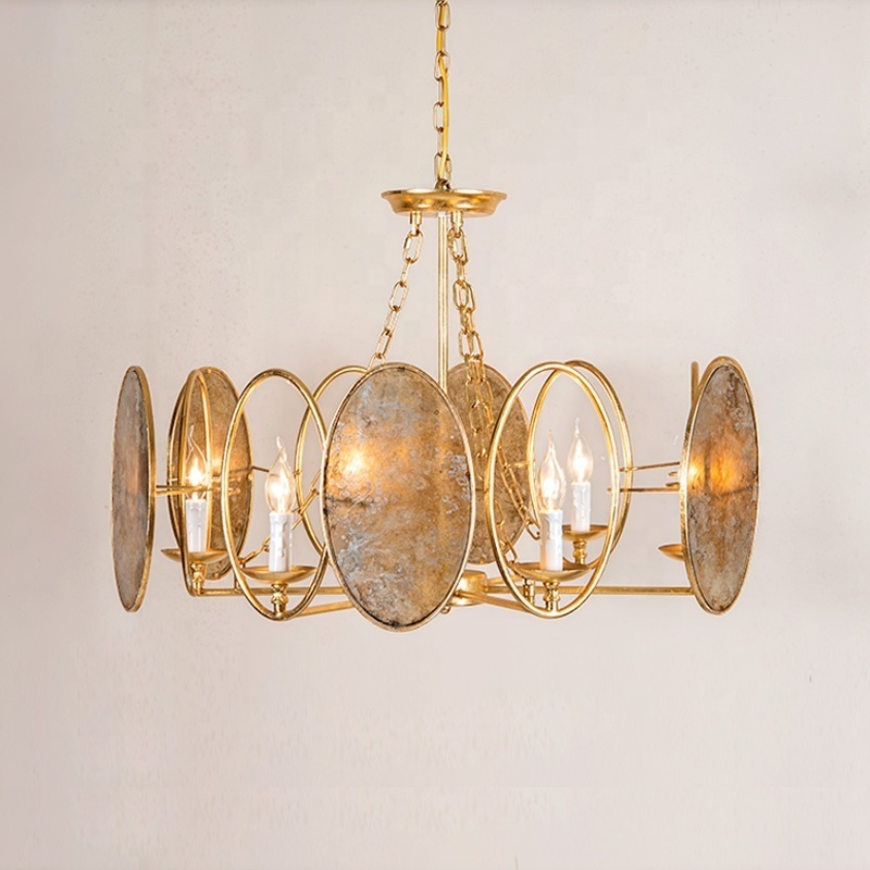 6-lights American vintage glass chandelier antique gold pendant light fixture