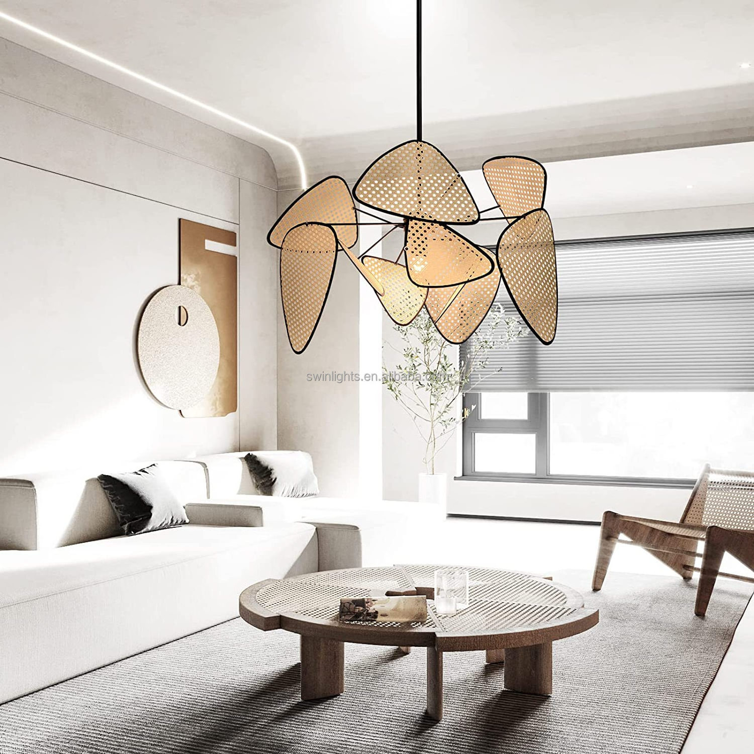 Fan shaped rattan chandelier bamboo woven petal lantern pendant light manual decorative Hanging Ceiling Light