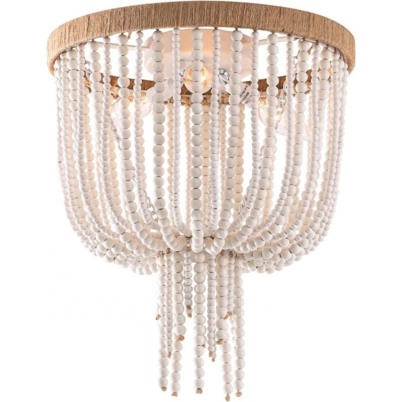 Wood Beaded Flush Mount hemp rope Ceiling Light Bohemia 3 Lights Mini Farmhouse Chandelier