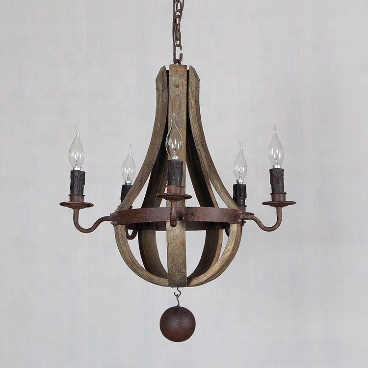 Vintage rustic small 5-light wine barrel wooden chandelier wood wrought iron pendant lamp