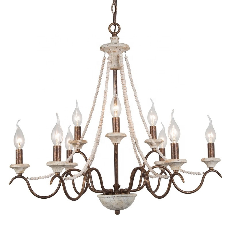 French country retro 9-lights vintage wooden chandelier antique gold iron light fixture