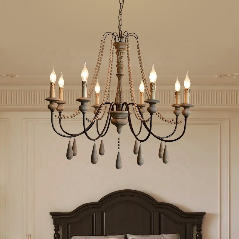 Farmhouse  antique chandelier rustic handmade wood ceiling lamp 8-lights candle lighting fixture