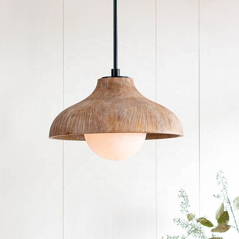 Farmhouse imitate wood grain round pendant light kitchen glass shade island light