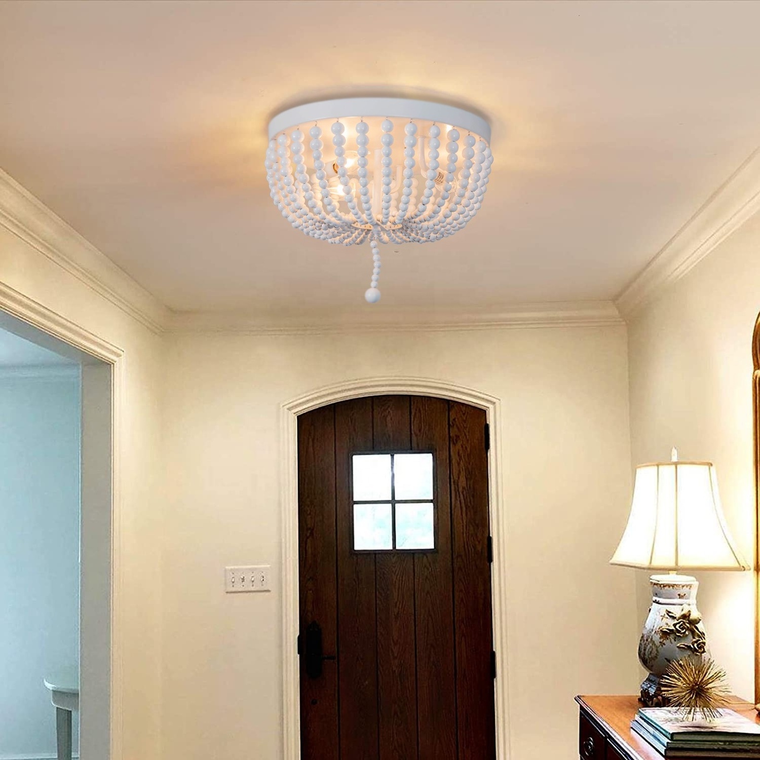 14 inch Flush Mount Ceiling light for bedroom white farmhouse ceiling light for entryway  2-lights wood beaded ceiling lamp