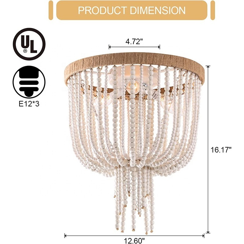 Wood Beaded Flush Mount hemp rope Ceiling Light Bohemia 3 Lights Mini Farmhouse Chandelier