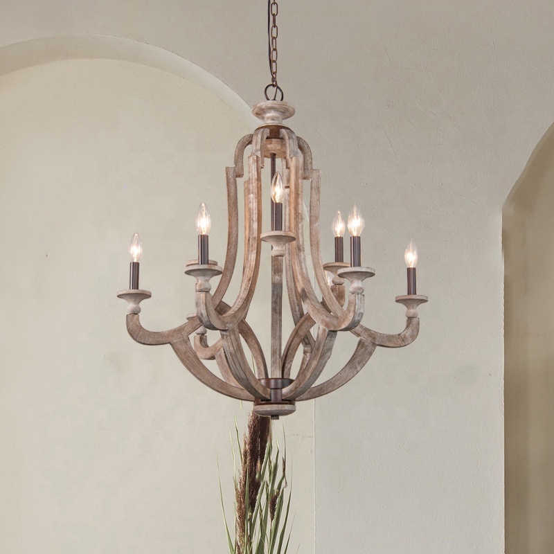 Farmhouse wood chandelier candle style lamp 9-lights rustic villa chandelier lighting