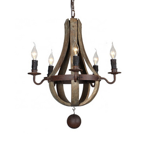 Vintage rustic small 5-light wine barrel wooden chandelier wood wrought iron pendant lamp