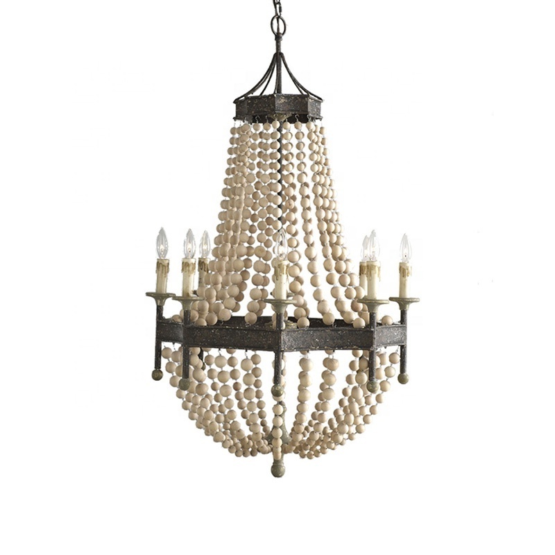 New american country style wood beads chandelier lighting wrought iron antique classic pendant lamp