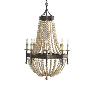 New american country style wood beads chandelier lighting wrought iron antique classic pendant lamp