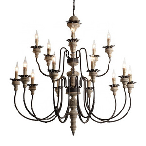 New design two-tiers big wooden chandelier 15-lights wrought iron lobby foyer villa chandelier lighting