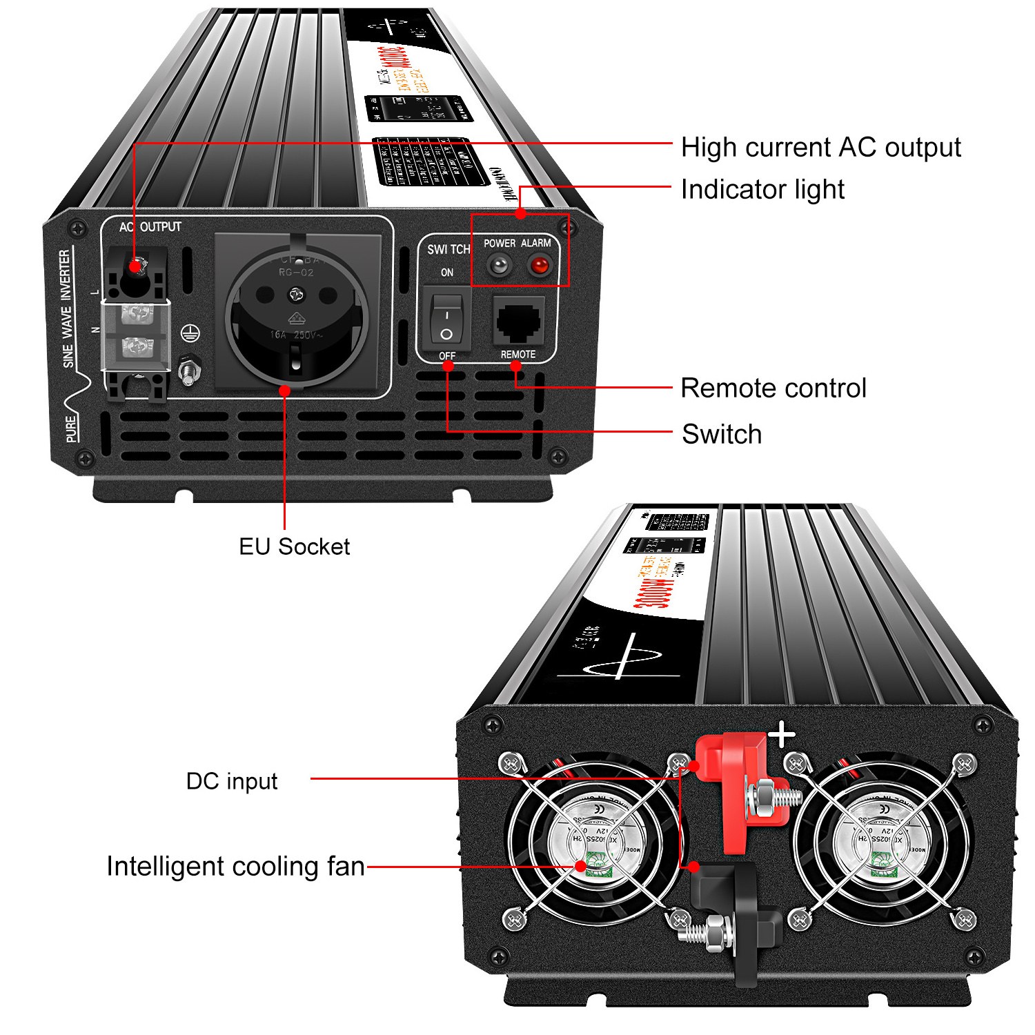 3000W 3KW 3000 Watt  with EU socket DC 12V 24V 48V to ac 230V Volt off grid solar inverter pure sine wave power inverter