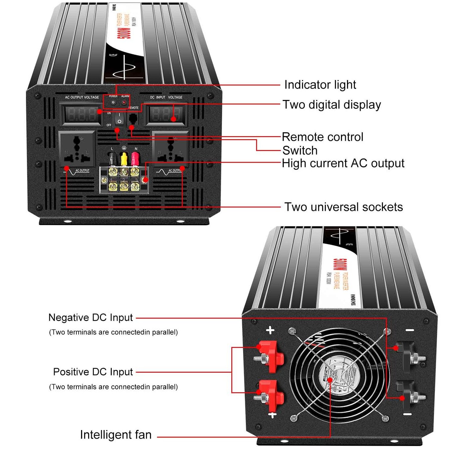 5000W solar power inverter with Universial socket DC to AC Power Inverter 60V 72V 96V to 110V China best inverters for home car