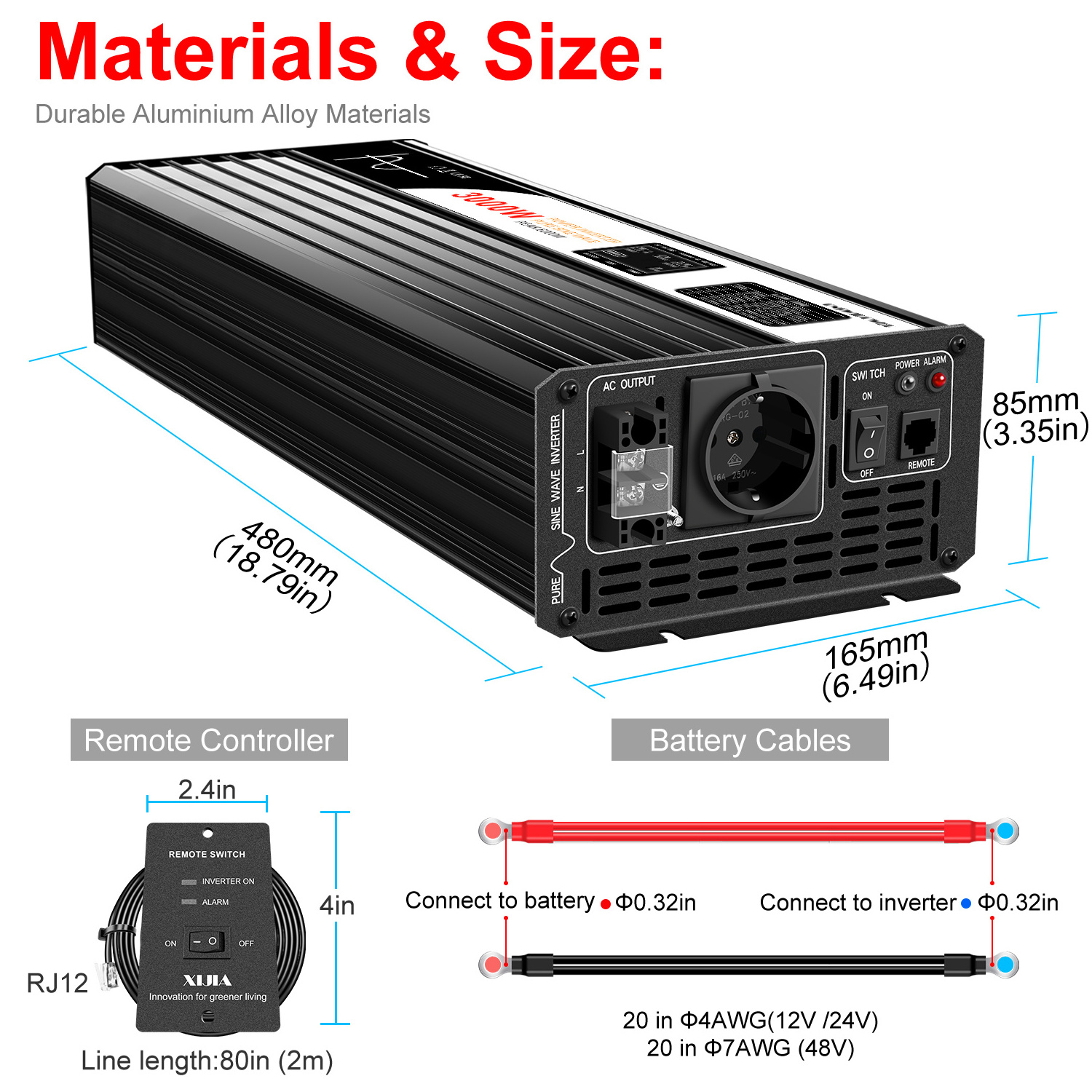 3000W 3KW 3000 Watt  with EU socket DC 12V 24V 48V to ac 230V Volt off grid solar inverter pure sine wave power inverter