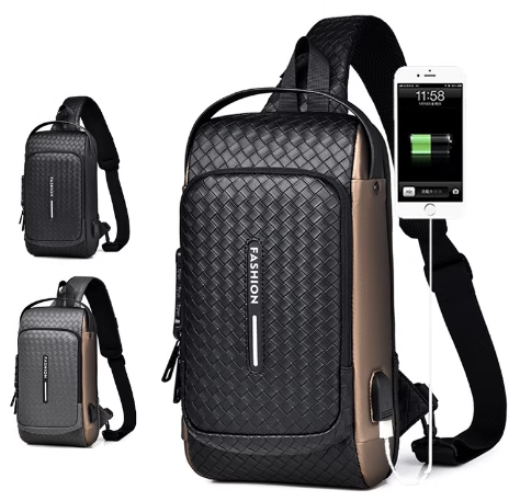 Woven Pattern Chest Daypack Shoulder Backpack Anti Theft Crossbody Sling Bag PU Men Chest Bag Usb Charging Sport Waterproof Lock