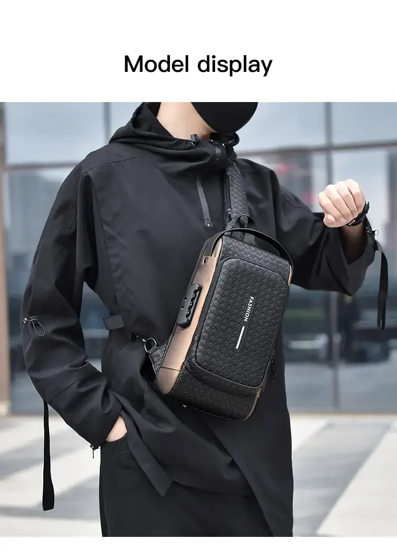 Woven Pattern Chest Daypack Shoulder Backpack Anti Theft Crossbody Sling Bag PU Men Chest Bag Usb Charging Sport Waterproof Lock