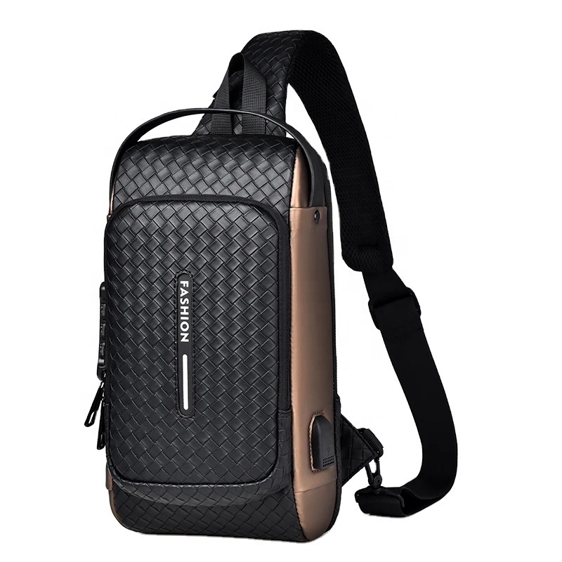 Woven Pattern Chest Daypack Shoulder Backpack Anti Theft Crossbody Sling Bag PU Men Chest Bag Usb Charging Sport Waterproof Lock