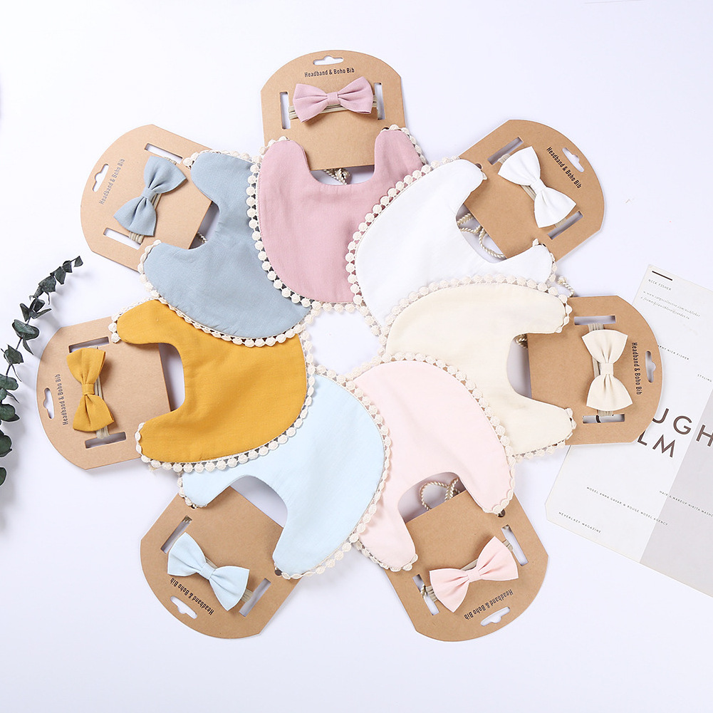 Ins Bamboo Fiber Cotton Top Baby Toddle Elastic Rubber Hairband Bow Headbands and Bib Bib Baby Saliva Pocket Sets