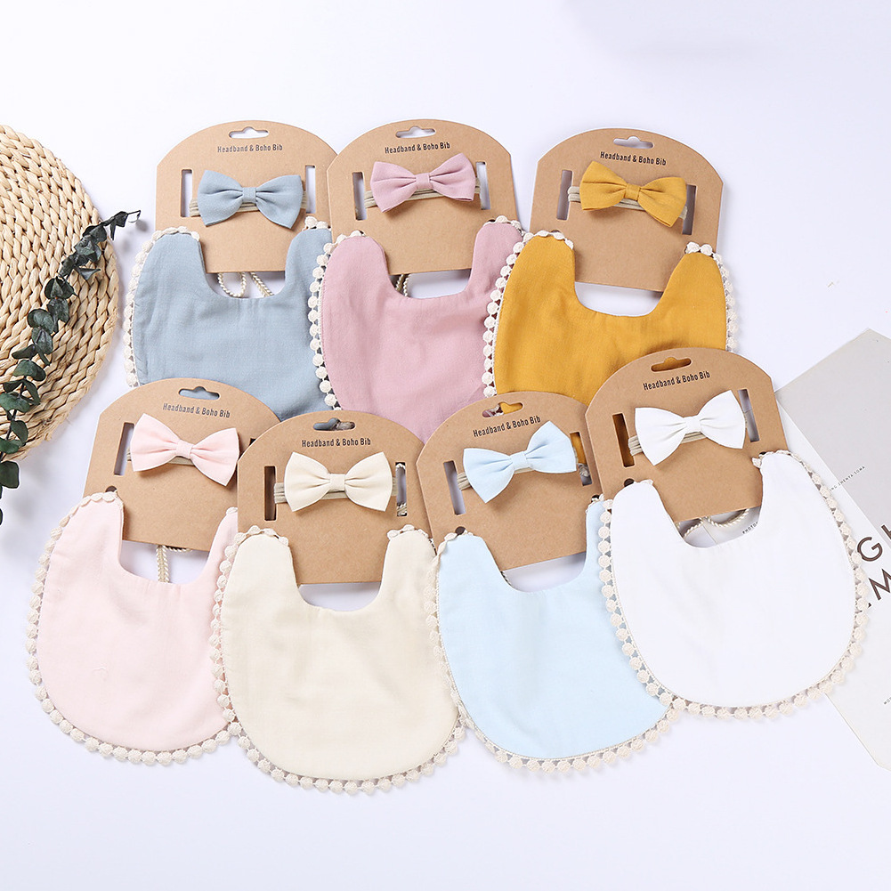 Ins Bamboo Fiber Cotton Top Baby Toddle Elastic Rubber Hairband Bow Headbands and Bib Bib Baby Saliva Pocket Sets