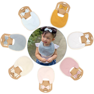 Ins Bamboo Fiber Cotton Top Baby Toddle Elastic Rubber Hairband Bow Headbands and Bib Bib Baby Saliva Pocket Sets