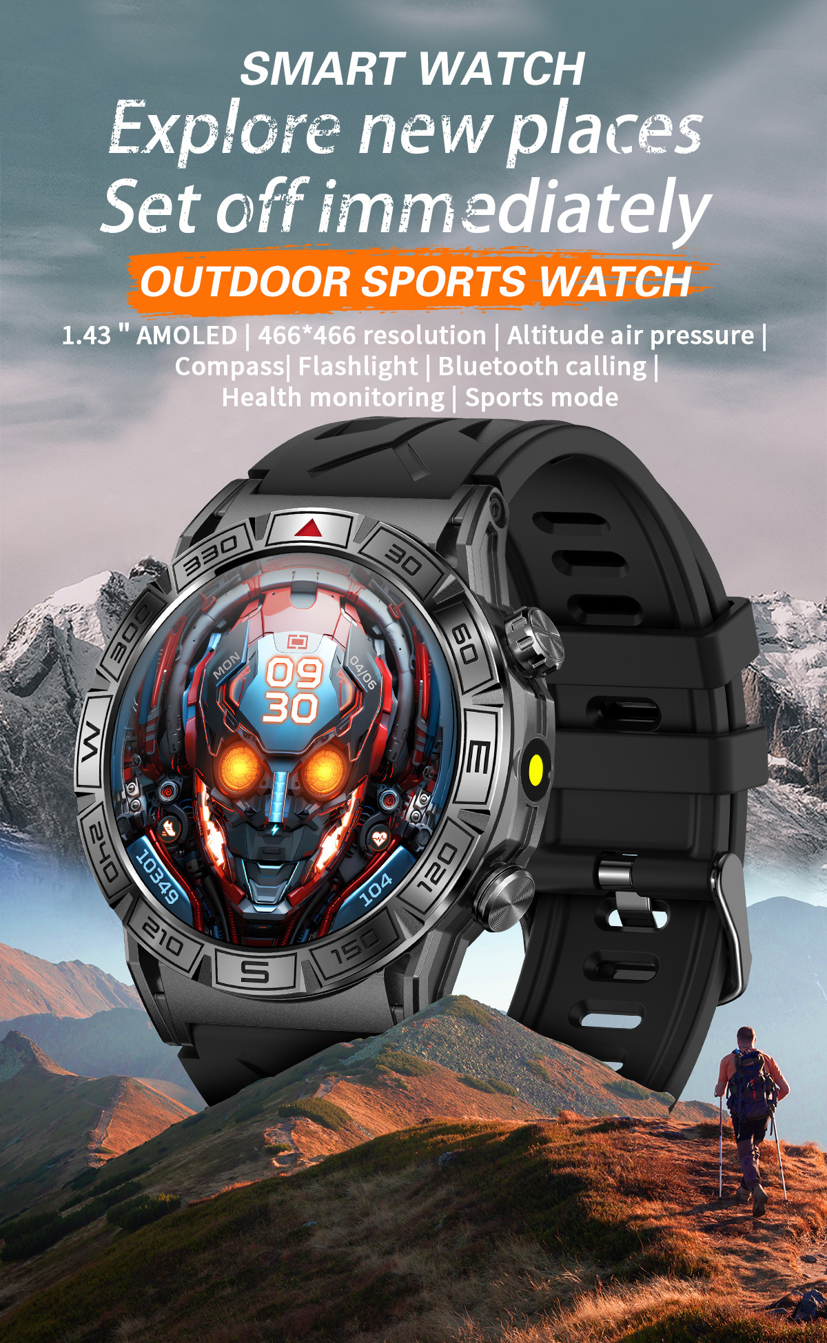 2024 Men Outdoor Smartwatch Flashlight 1ATM Waterproof BT Call Blood Oxygen Heart Rate Sport Amoled Smart Watch KC80