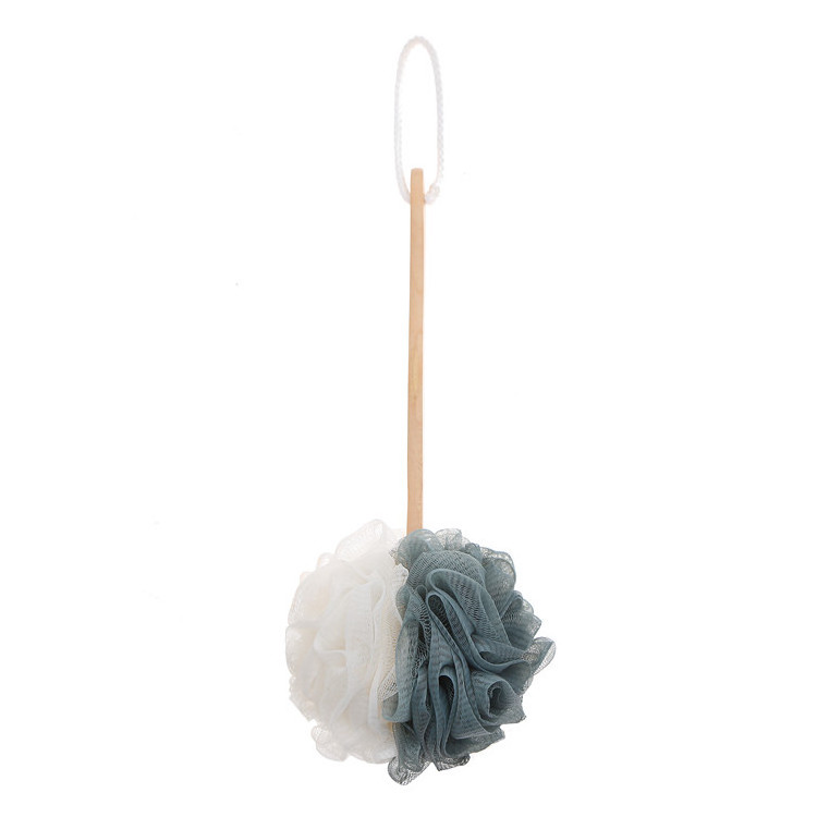 Newest sale soft body cleaning pe mesh bubble bath flower ball for shower with long wood handle