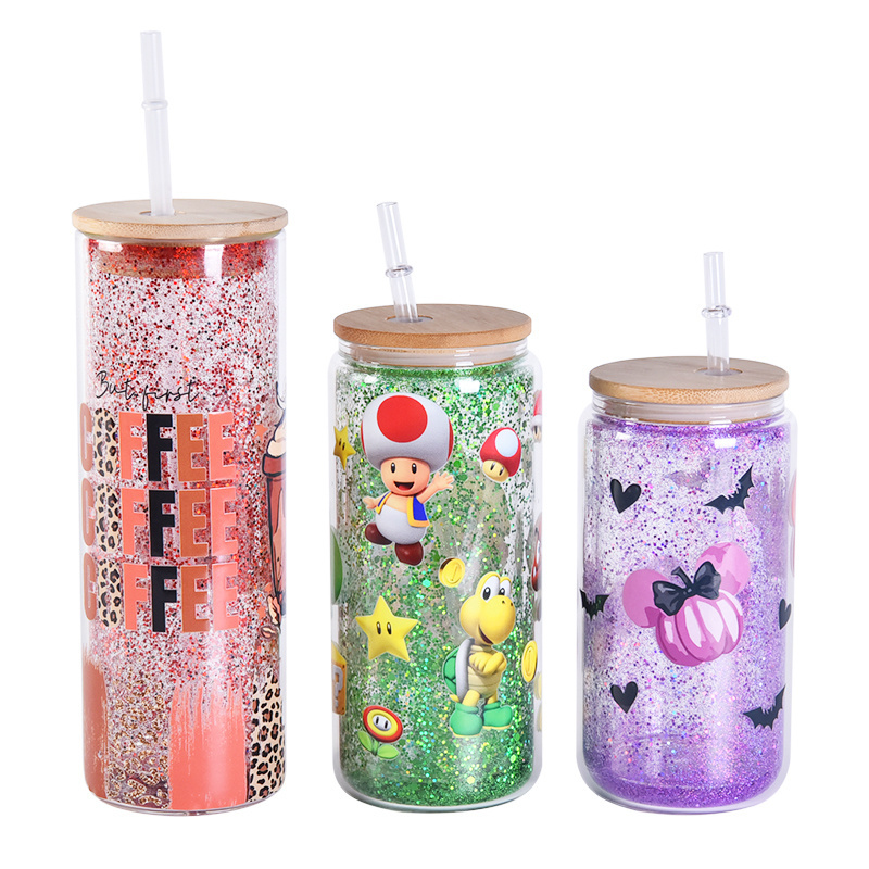 Usa Warehouse 16Oz 20Oz 25Oz Double Wall Pre-Drilled Snow Globe Glass Can Coffee Water Bottle With Bamboo Lid And Straw