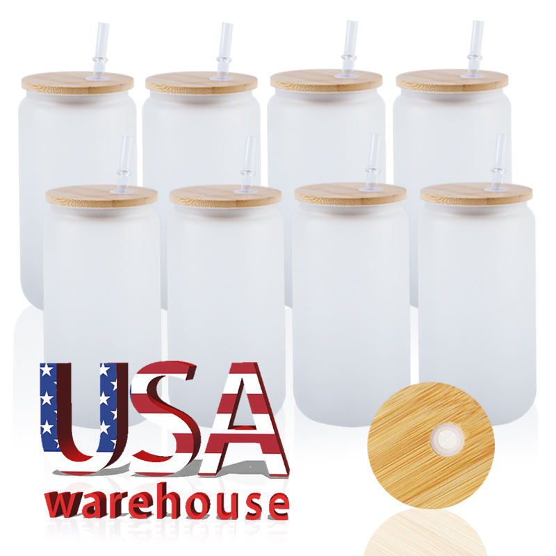 Usa Warehouse 16Oz 20Oz 25Oz Sublimation Heat Press Clear Frosted Straight Mug Wine Water Tumbler Glass Can With Lid Straw