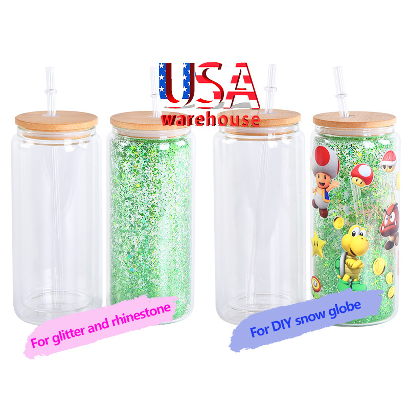 16Oz 20Oz 16 Oz Sublimation Glasses Frosted Clear Blank Snow Globe Tumbler Glass Beer Can Shaped Bamboo Lid Set Cup