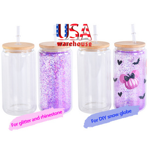 Usa Warehouse 16Oz 20Oz 25Oz Double Wall Pre-Drilled Snow Globe Glass Can Coffee Water Bottle With Bamboo Lid And Straw