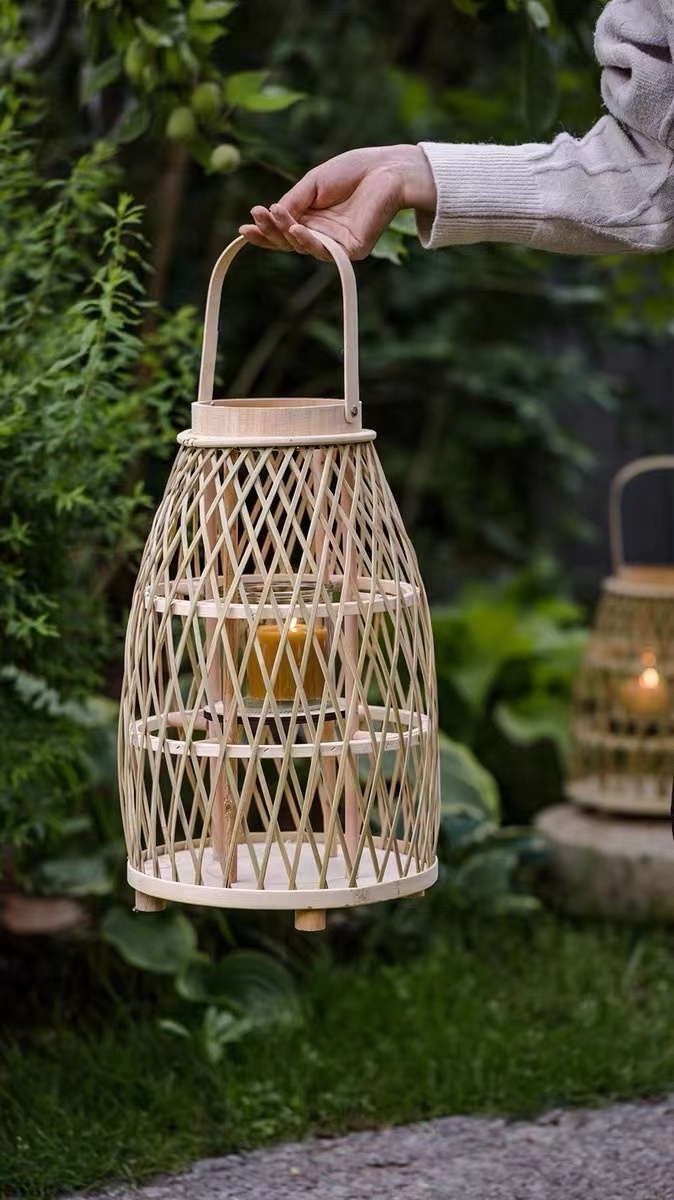 SWT Weaving Storm Outdoor Woven Rattan Candle Lantern With Handle Both for Home decor