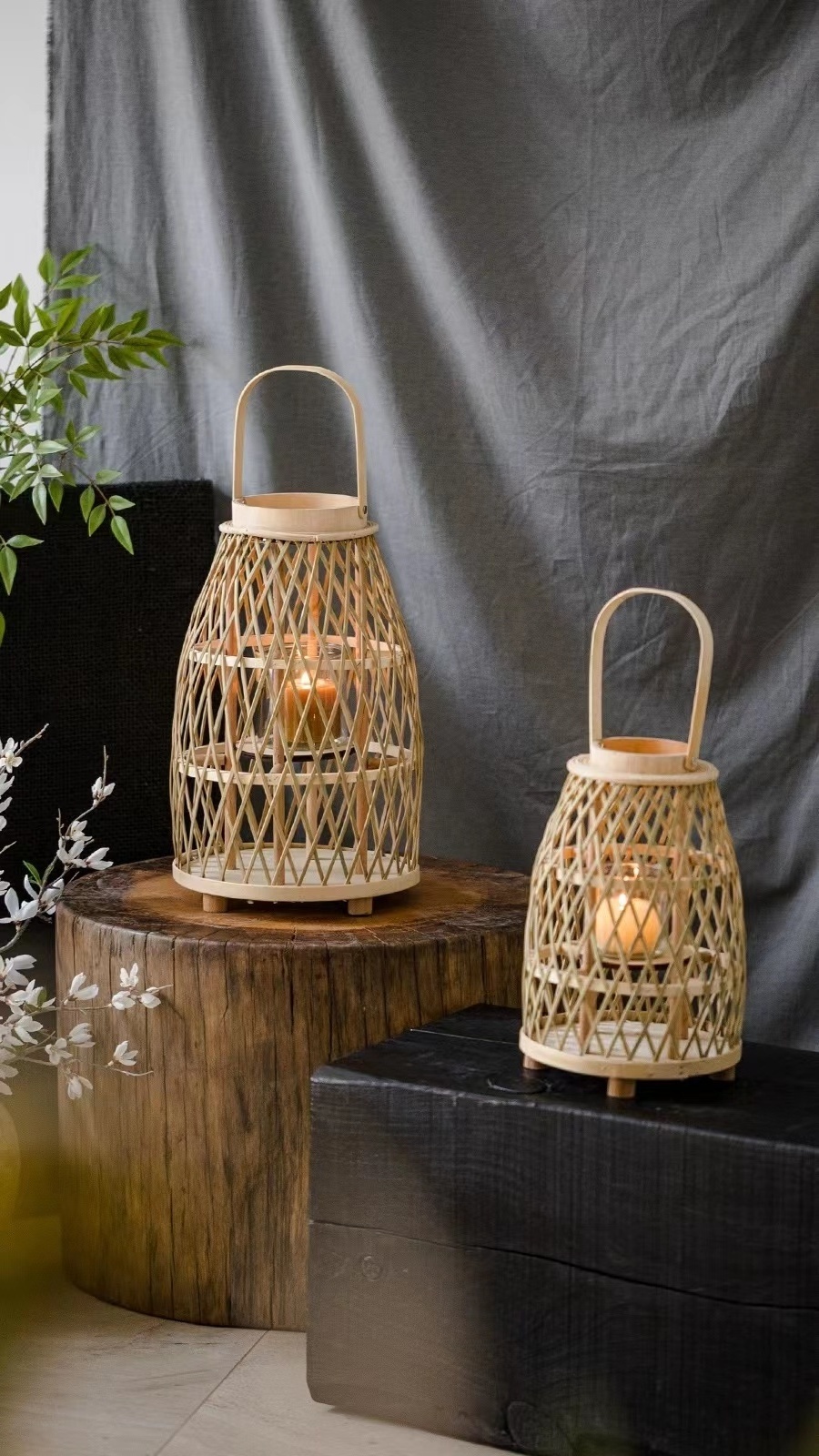 SWT Weaving Storm Outdoor Woven Rattan Candle Lantern With Handle Both for Home decor