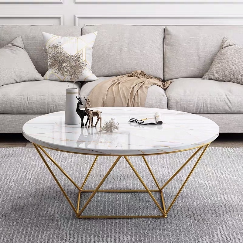 SWT Decoration Luxury Gold Round Marble Coffee Table For Livingroom