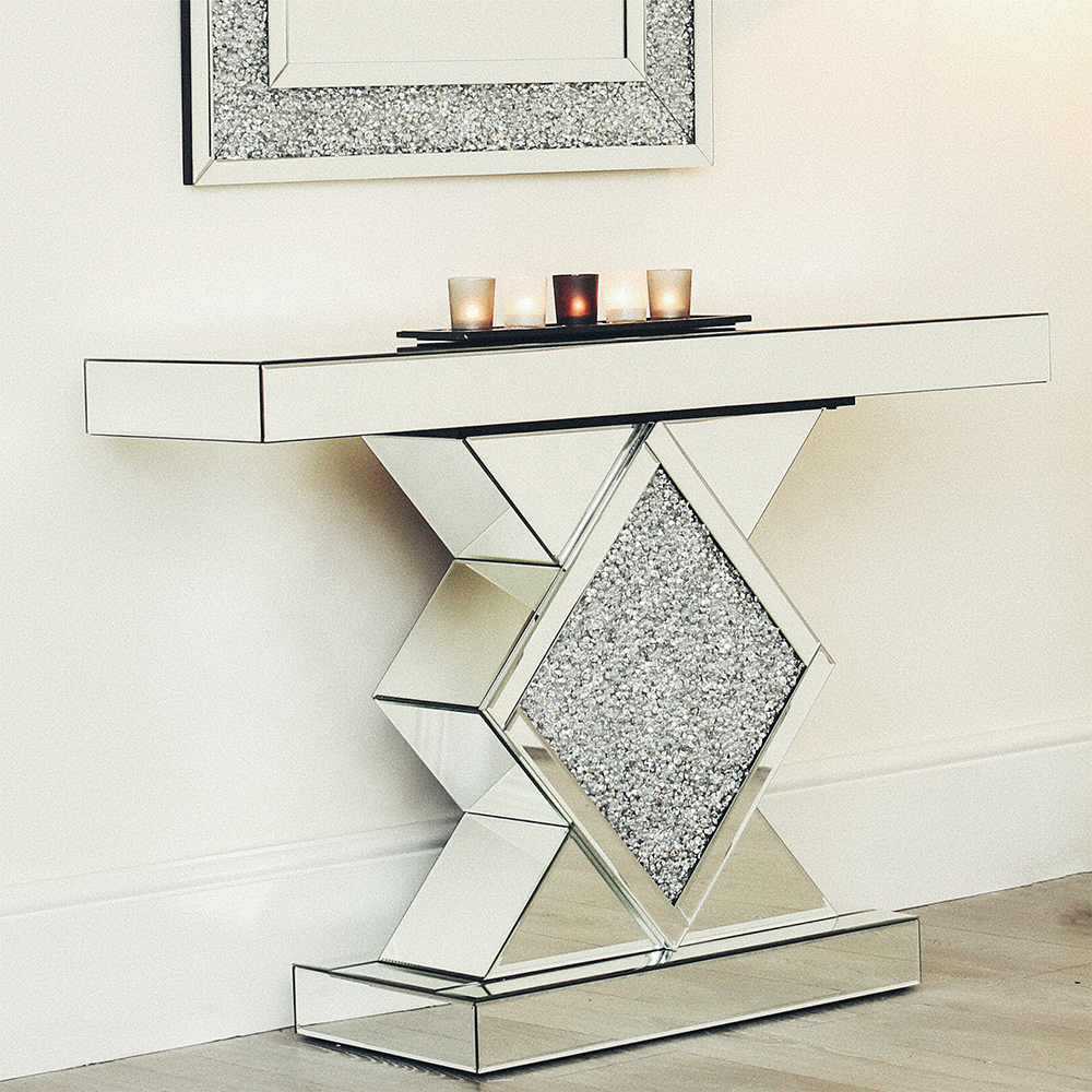 SWT Modern Hallway Mirrored Crushed Diamond Console Table For Living Room